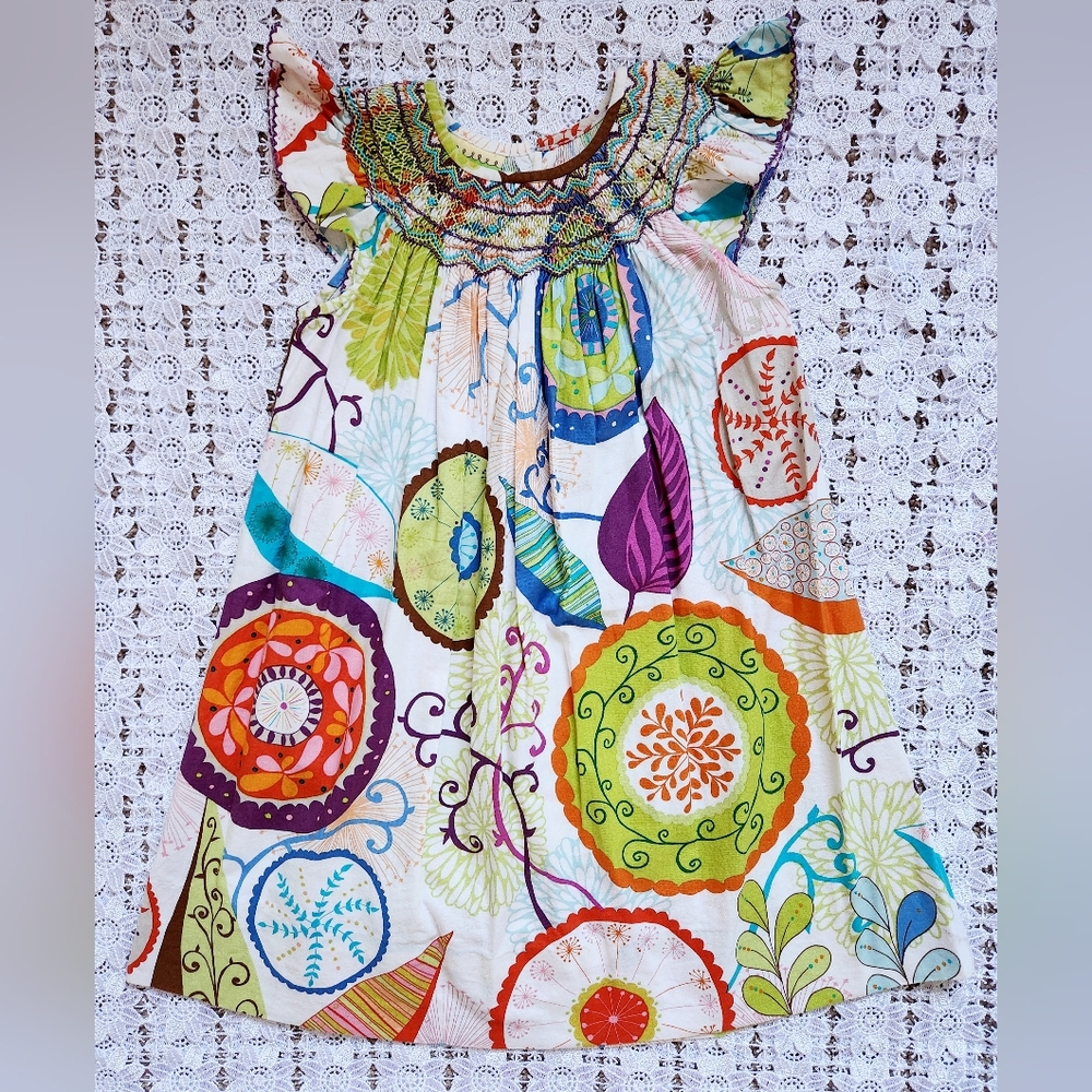 Le' Za Me smocked neckline abstract flower & leaf print dress